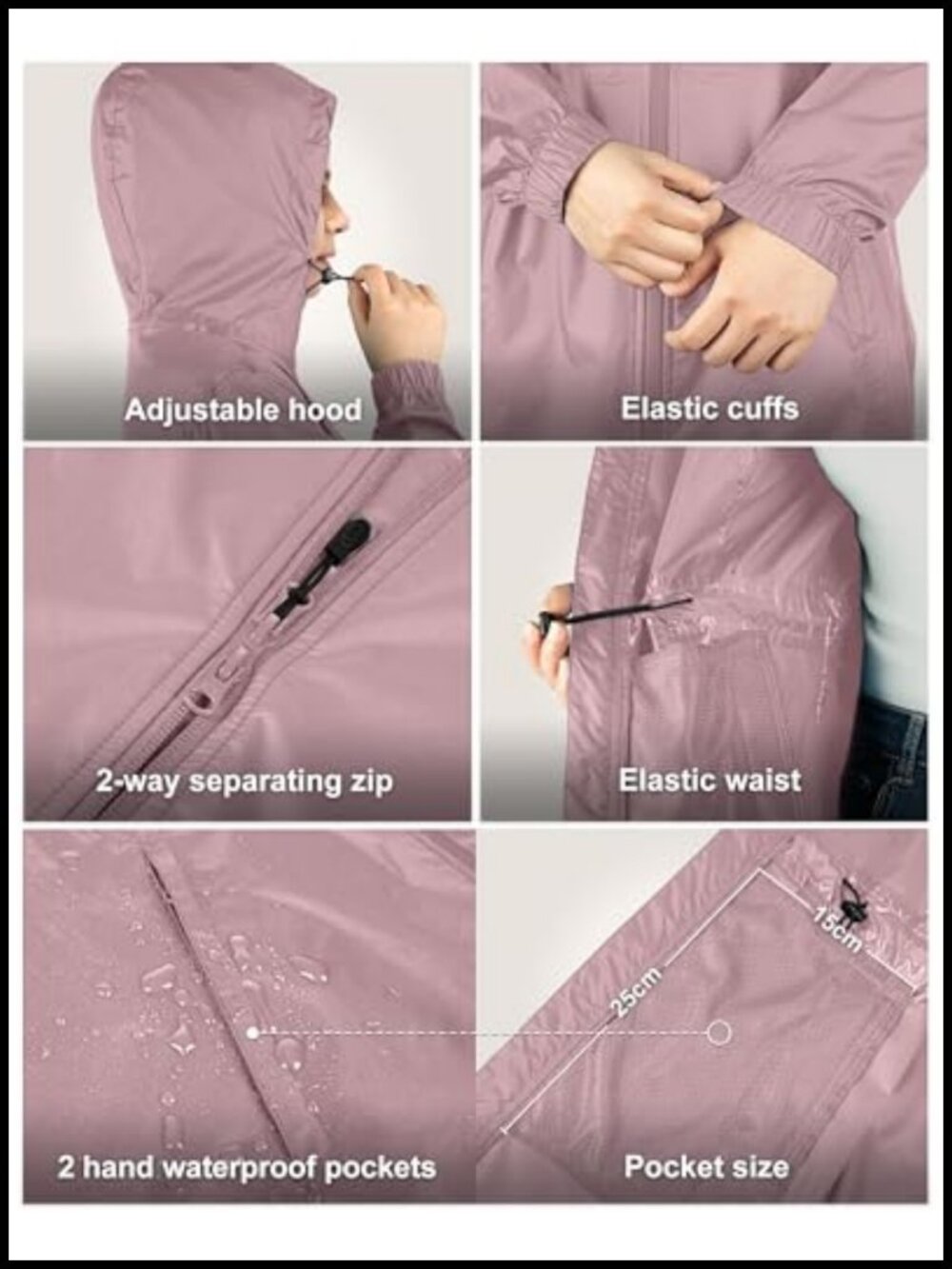 Waterproof Long Rain Coat Packable Lightweight Hooded Jacket - Picture 5 of 6